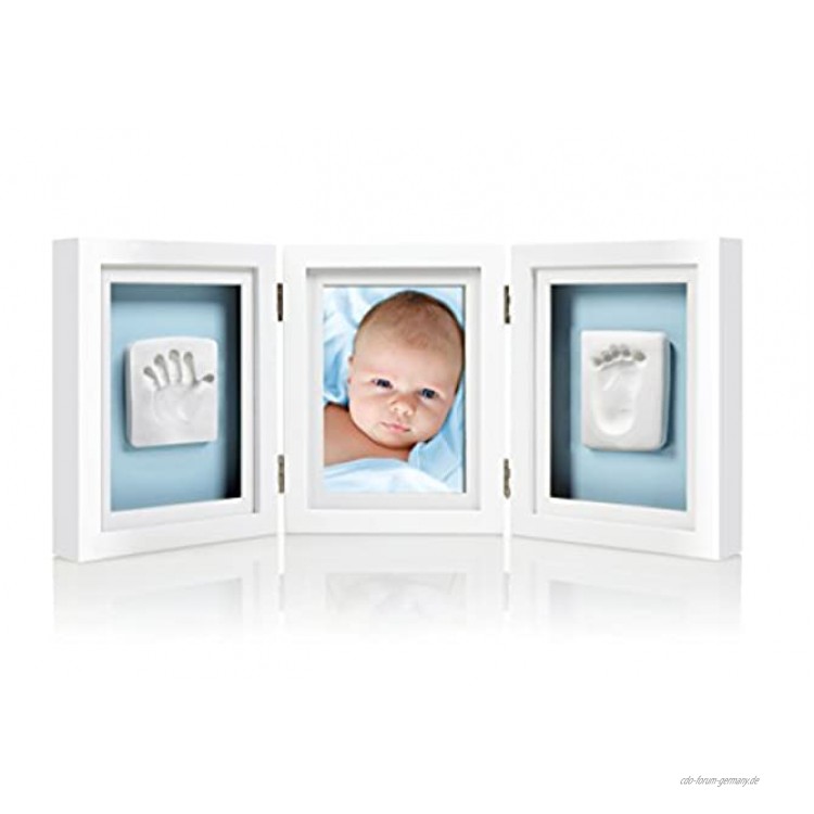 Pearhead 21513 Deluxe Desktop Frame triple drei teiliger Bilderrahmen zum Aufstellen für ein Foto Hand und Fußabdruck weiß