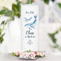 Taufkerze Blauer Wal mit Wunschdaten Kerze zur Taufe Geburt oder Kommunion 25 x 8 cm mit eigenem Taufspruch Junge