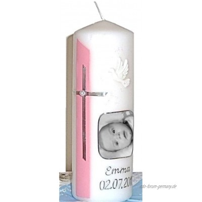 Taufkerze mit Namen Babyfoto & Datum für Mädchen rosa 200 x 70
