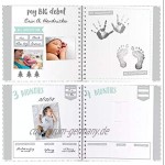 Babybumket Erinnerungsbuch für das erste Lebensjahr mit monatlichen Bauchaufklebern wichtigen Meilensteinen und Momento Tasche inklusive 128 Babyflaschen-Etiketten