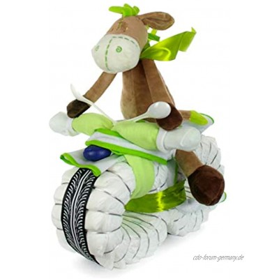 dubistda© Windeltorte Motorrad grün ROCKSTAR mit Fahrer ESEL | 45-teilig Geschenk zur Geburt neutral | 45 cm