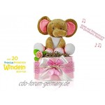 dubistda® Windeltorte Mädchen LITTLE PEANUT + große Elefanten Spieluhr | Geschenk für Mädchen zur Geburt Babyparty Babyshower rosa