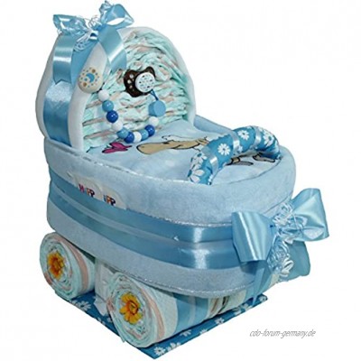 Großer Windelwagen Baby Boy Geschenk zur Taufe oder Geburt Windeltorte in blau für Jungen mit Schnullerkette ohne Name