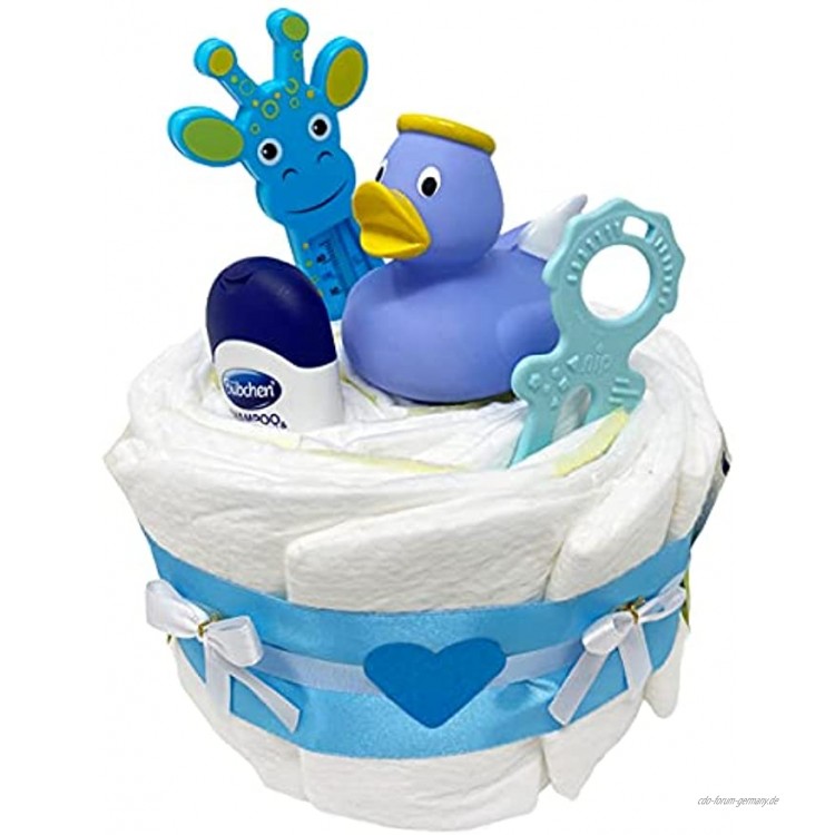 Kleine Windeltorte Badeentchen Engelchen Boy Blau 23tlg. Geschenk zur Taufe oder Geburt Geschenkfertig in Celophan verpackt.