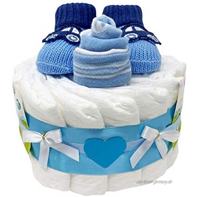 Kleine Windeltorte Booties Boy in blau für Jungen. Geschenk zur Geburt Taufe oder Babyparty. Geschenkfertig in Celophan verpackt.