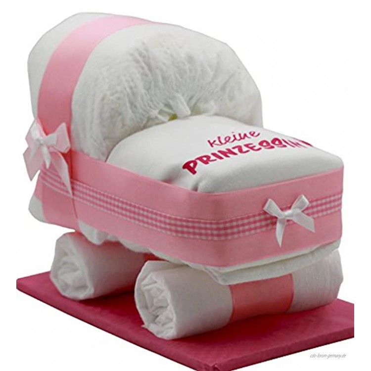 Kleine Windeltorte Windelwagen rosa für Mädchen mit Lätzchenkleine Prinzessin das perfekte Geschenk zur Geburt oder Taufe + gratis Klappkarte