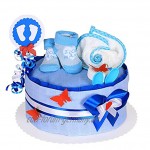 MomsStory mini Windeltorte Junge | Baby-Geschenk zur Geburt Taufe Babyshower | 1 Stöckig Blau mit Lätzchen Baby-Söckchen & mehr