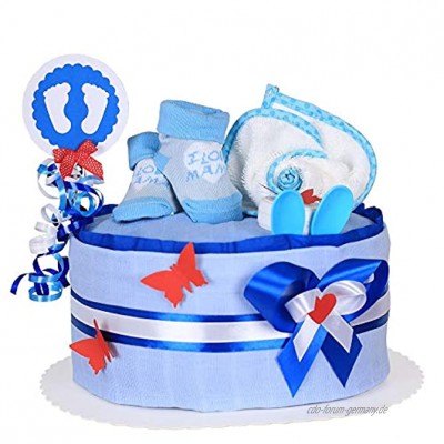 MomsStory mini Windeltorte Junge | Baby-Geschenk zur Geburt Taufe Babyshower | 1 Stöckig Blau mit Lätzchen Baby-Söckchen & mehr