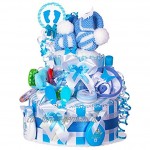 MomsStory Windeltorte Junge | Baby-Geschenk zur Geburt Taufe Babyshower | 2 Stöckig Blau mit Baby-Schuhchen Lätzchen Schnuller & mehr
