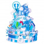 MomsStory Windeltorte Junge | Baby-Geschenk zur Geburt Taufe Babyshower | 2 Stöckig Blau mit Baby-Schuhchen Lätzchen Schnuller & mehr