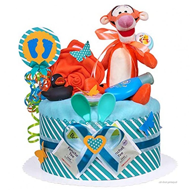 MomsStory Windeltorte Junge | Tigger Disney | Baby-Geschenk zur Geburt Taufe Babyshower | 1 Stöckig Türkis-Orange mit Plüschtier Lätzchen Schnuller & mehr