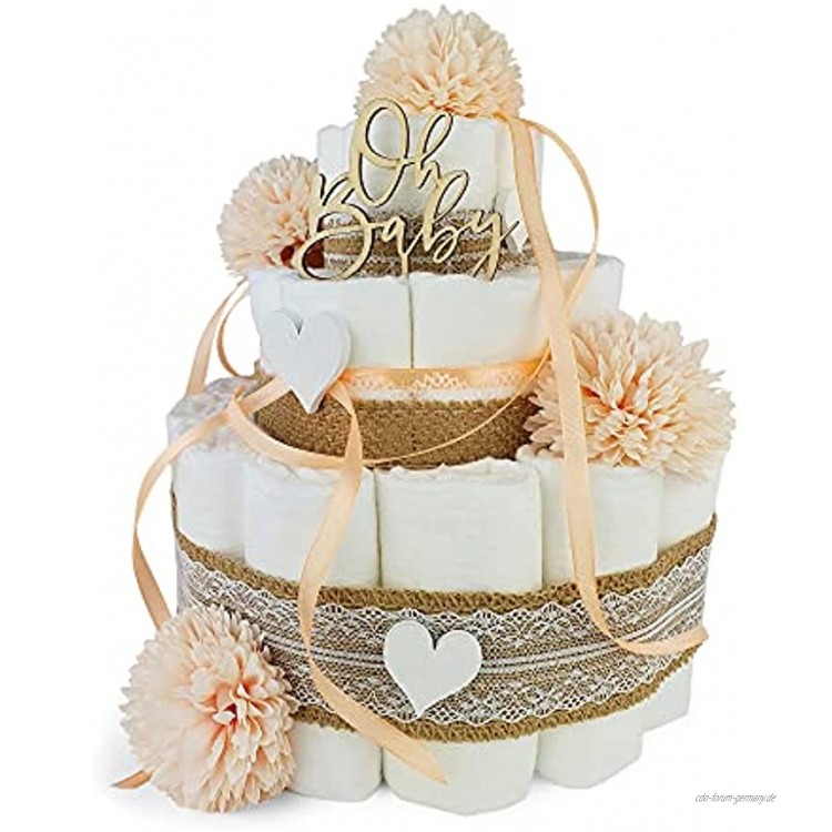 Premium Baby Windeltorte | Vintage Stil 3-stöckig mit Blumen in apricot | perfektes Mädchen Geschenk zur Geburt Taufe Babyparty