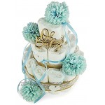 Premium Baby Windeltorte | Vintage Stil 3-stöckig mit Blumen in blau | perfektes Jungen Geschenk zur Geburt Taufe Babyparty