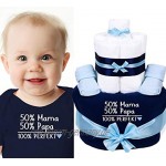 Trend Mama Sprüche Windeltorte blau-hellblau Junge-Babysocken + Babylätzchen handbedruckt -50% Mama 50% Papa,100% Perfekt-