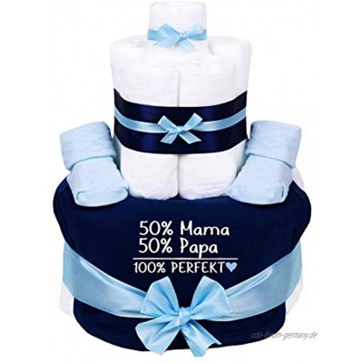 Trend Mama Sprüche Windeltorte blau-hellblau Junge-Babysocken + Babylätzchen handbedruckt -50% Mama 50% Papa,100% Perfekt-