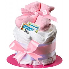 Windeltorte in Rosa mit Babysocken von Homery perfekt als Geschenk für Mädchen zur Baby-Party oder Geburt- Inklusive Glückwunschkarte Handmade fair hergestellt