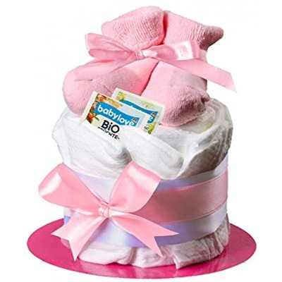 Windeltorte in Rosa mit Babysocken von Homery perfekt als Geschenk für Mädchen zur Baby-Party oder Geburt- Inklusive Glückwunschkarte Handmade fair hergestellt