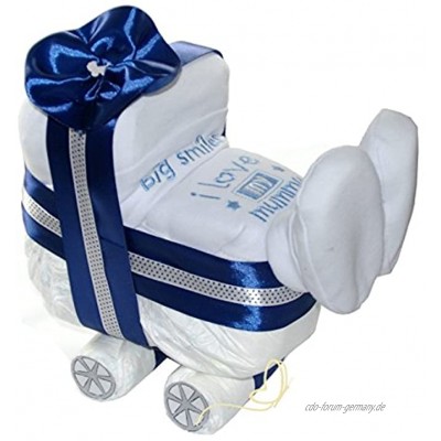 Windeltorte Windelwagen blau für Junge Wunschlätzchen Geschenk zur Geburt Babyparty 3 tlg Geschenkset