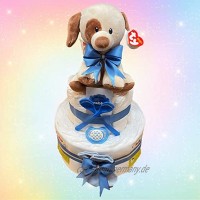 Windeltortenfee.de® Windeltorte Junge Kuschel Hund 3-Etagen in blau inkl. 42 Windeln | Geschenk zur Geburt | Taufgeschenk | Geschenk zur Babyparty