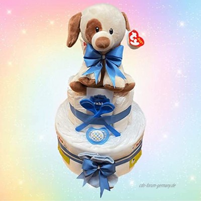 Windeltortenfee.de® Windeltorte Junge Kuschel Hund 3-Etagen in blau inkl. 42 Windeln | Geschenk zur Geburt | Taufgeschenk | Geschenk zur Babyparty