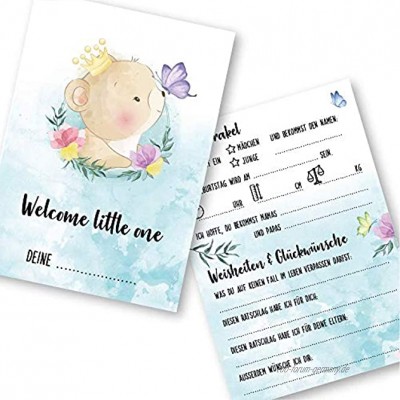 Babyparty Spiele rate mal Karten 25 Karten Deutsch Motiv"Bär" Babyshower Ratespiel Mädchen und Junge Baby Orakel Deko Din A6 10,5 x 14,8 cm