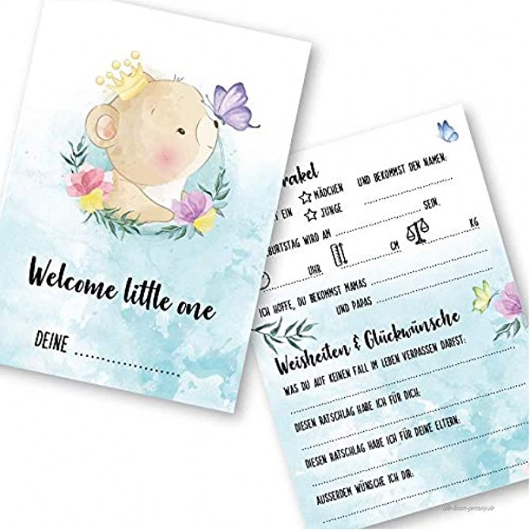 Babyparty Spiele rate mal Karten 25 Karten Deutsch MotivBär Babyshower Ratespiel Mädchen und Junge Baby Orakel Deko Din A6 10,5 x 14,8 cm