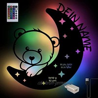 RGB Farbwechsel Teddy auf Mond Baby-Geschenke personalisiert mit Namen als Geburtsgeschenk oder Taufgeschenk für Mädchen & Jungs I USB Holz Nachtlicht mit Fernbedienung