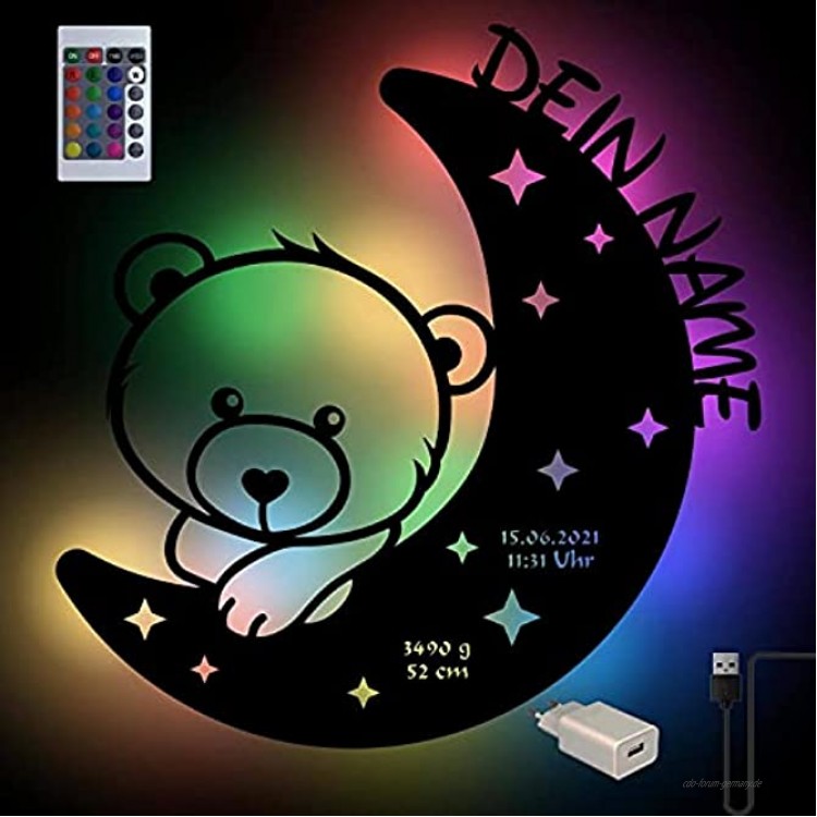 RGB Farbwechsel Teddy auf Mond Baby-Geschenke personalisiert mit Namen als Geburtsgeschenk oder Taufgeschenk für Mädchen & Jungs I USB Holz Nachtlicht mit Fernbedienung