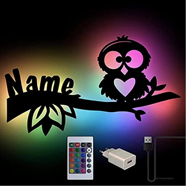 RGB USB Eule auf Ast Nachtlicht Geschenke mit Namen personalisiert Schlummerlicht Baby-Zimmer Kinder-Zimmer Stilllampe Holz Wand-Lampe Junge Mädchen