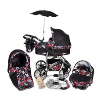 Twing 3 in 1 Reisesystem einschließlich Kinderwagen mit schwenkbaren Rädern Kinderautositz Buggy und Zubehör Schwarz und kleine Blumen