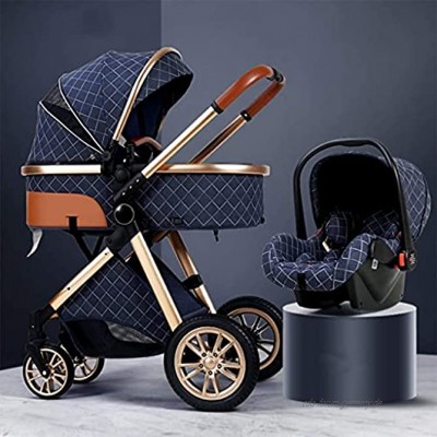 DJRH. 3 in 1 Baby-Kinderwagenwagen faltbar Luxus-Kinderwagen-Kinderwagen-Stoßdämpfungsfedern Hochblick Pram-Kinderwagen mit Mommy-Tasche und Regen Farbe : Blau