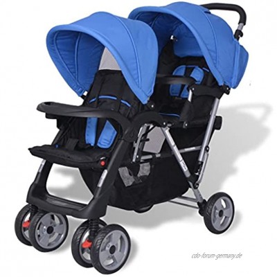 yorten Geschwister Zwillings Kinderwagen aus Stahl und Oxfordgewebe mit Regenschutzhaube für Babys und Kleinkinder Blau und Schwarz 118 x 41 x 108 cm
