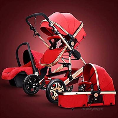 YZPTD 3 in 1 Kinderwagen-Kinderwagen Cabrio Luxus-Kinderwagen Lagerkorb Stoßdämpfung Leichter tragbarer Kinderwagen mit Fußabdeckung und Tassenhalter Farbe : Rot