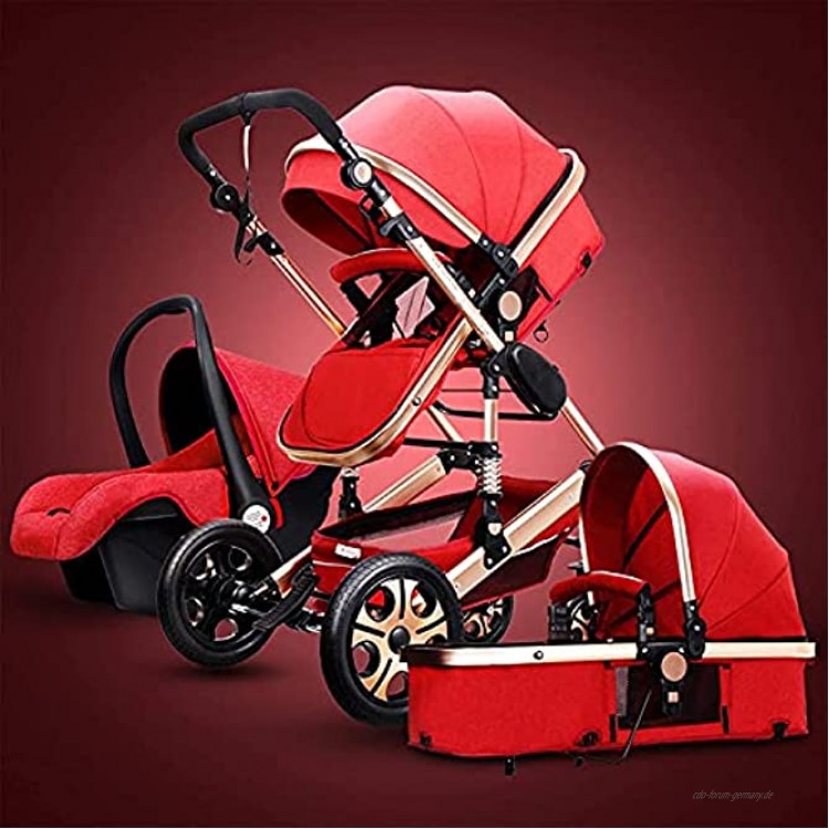 YZPTD 3 in 1 Kinderwagen-Kinderwagen Cabrio Luxus-Kinderwagen Lagerkorb Stoßdämpfung Leichter tragbarer Kinderwagen mit Fußabdeckung und Tassenhalter Farbe : Rot