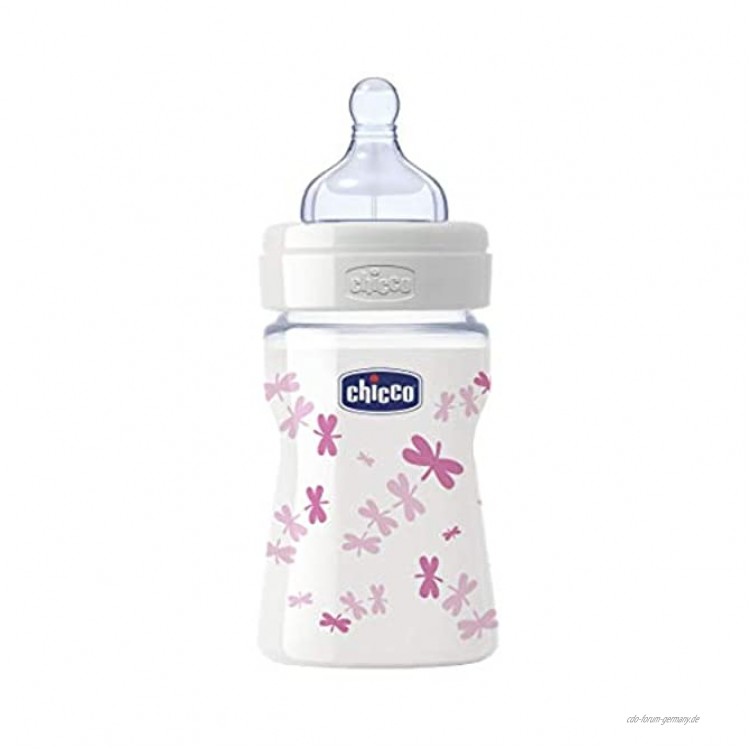 Chicco Babyfläschchen Well-Being Glas 150 ml normaler Fluss 0m+ Silikon Girl