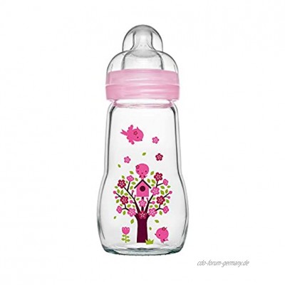 MAM Feel Good Babyflasche aus Glas 260 ml Babyflasche mit weiter Öffnung stabile Baby Trinkflasche mit Sauger Gr. 1 ab der Geburt Naturmotive rosa