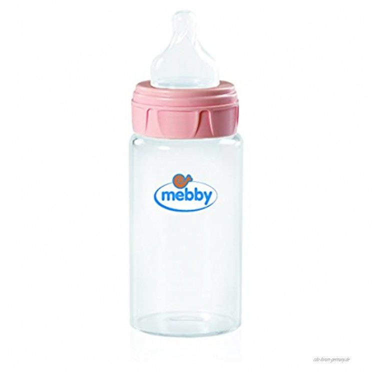 Mebby 92643 Babyflasche aus Glas mit Anti-Kolik-Ventil und Sauger aus Silikon 270 ml rosa