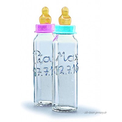 Personalisierte Babyflasche beschriftet mit Name und Geburtstag des Babys. Geschenk zur Geburt. Geschenk zur Taufe. Geburtsgeschenk. Taufgeschenk. Mit blauem oder rosa Verschluss für Junge oder Mädchen.