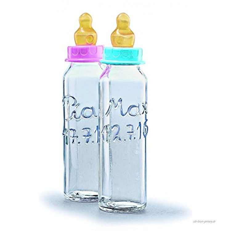 Personalisierte Babyflasche beschriftet mit Name und Geburtstag des Babys. Geschenk zur Geburt. Geschenk zur Taufe. Geburtsgeschenk. Taufgeschenk. Mit blauem oder rosa Verschluss für Junge oder Mädchen.