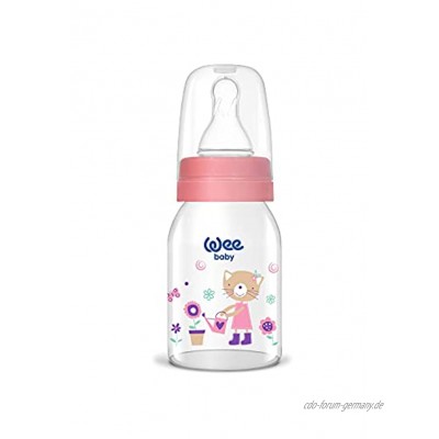 Wee Baby Natural Glas Babyflasche 125ml | Pink Girl Süße Katze | aus Glas | Trinkflasche Milchflasche Glasflasche mit Sauger Gr. 1 1
