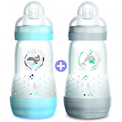 MAM 2 Anti-Colic Baby Bottles 260ml 0-6 Months Colour : Transparent blue with patterns
