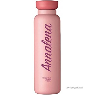 Mein Zwergenland Thermoflasche 500ml Ellipse personalisierbar auslaufsichere Isolierflasche in Nordic Pink mit Name und Pflanze Farn bedruckt bpa-frei