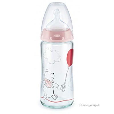 NUK Disney Winnie Puuh First Choice+ Glas-Babyflasche kiefergerechter Trinksauger 240ml 0-6 Monate Rosa