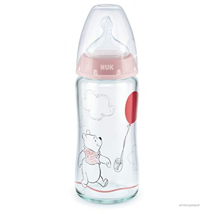 NUK Disney Winnie Puuh First Choice+ Glas-Babyflasche kiefergerechter Trinksauger 240ml 0-6 Monate Rosa