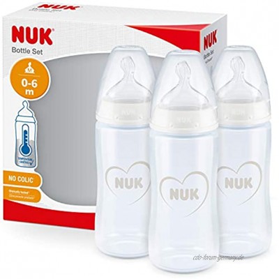 NUK First Choice+ Babyflaschen Starter Set | 0–6 Monate | 3 x Babyflasche mit Temperaturkontrolle | Anti-Colic-Ventil | BPA-frei | Herz neutral | 3 Stück