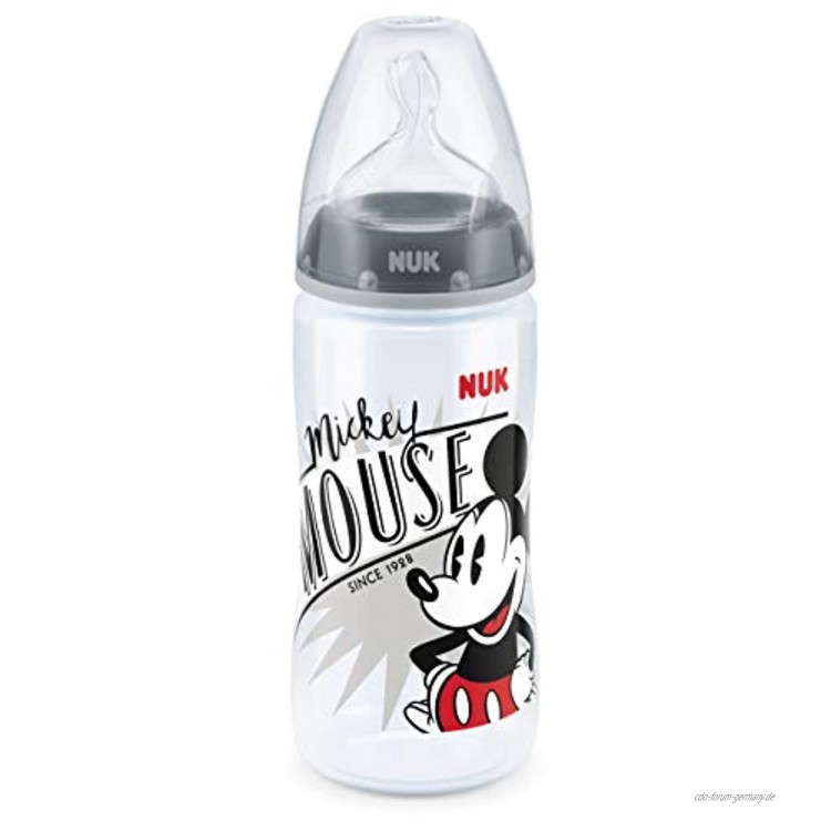 NUK First Choice+ Disney Babyflasche | 6-18 Monate | Temperature Control Anzeige | 300 ml Flasche mit Anti-KoliK-Ventil | BPA-frei | Trinksauger aus Silikon | Mickey Mouse grau