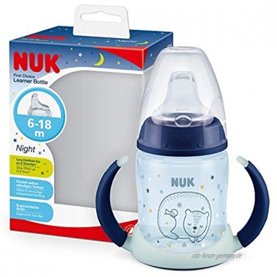 NUK First Choice+ Trinklernflasche Learner Cup Night | 6–18 Monate | 150 ml | Anti-Colic-Ventil | auslaufsichere Trinkschnabel | mit Leuchteffekt | Ergonomische Griffe | BPA-frei | Blau