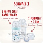 NUK Nature Sense Babyflaschen Twin Set | 0–6 Monate | 2 Anti-Kolik Flaschen 260 ml mit Temperature Control Anzeige + 1 Schnuller | mit brustähnlichem Silikon Trinksauger | BPA-frei | Blau | 3 Stück