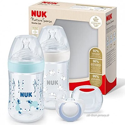 NUK Nature Sense Babyflaschen Twin Set | 0–6 Monate | 2 Anti-Kolik Flaschen 260 ml mit Temperature Control Anzeige + 1 Schnuller | mit brustähnlichem Silikon Trinksauger | BPA-frei | Blau | 3 Stück